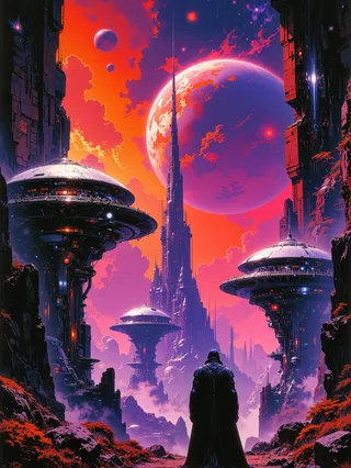High-resolution futuristic alien spaceport surrounded by towering cliffs and bizarre alien flora, under a vibrant galactic nebula sky, with an alien bounty hunter in the foreground.
