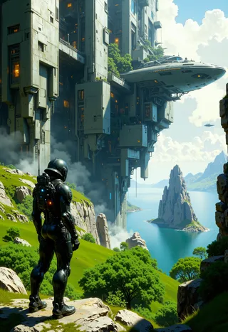 A highly detailed digital painting of a futuristic cityscape featuring a lone armored astronaut standing on a rocky outcrop overlooking a towering city with interconnected structures and floating platforms, with lush greenery and a blue ocean in the background.