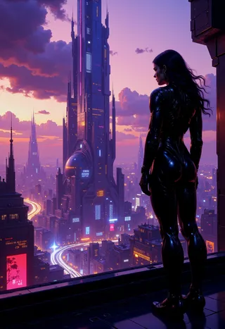 Highly detailed futuristic cityscape at dusk featuring towering skyscrapers illuminated with neon lights, with a silhouetted woman in a black suit overlooking the city.