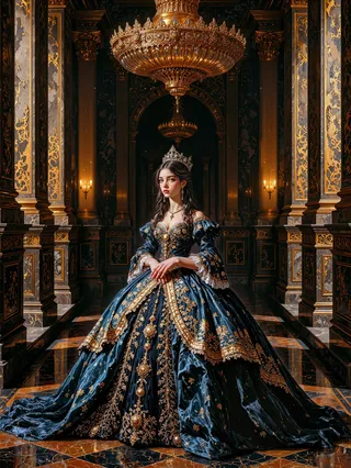 A royal princess wearing a richly embroidered baroque black and royal blue gown stands gracefully in a grand ballroom adorned with gold-veined marble, beneath an ornate golden chandelier casting warm light.