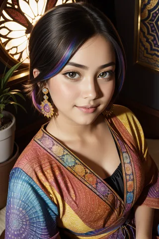 Portrait of a young woman with fluorescent purple highlights in her hair wearing detailed, colorful Mughal-inspired traditional clothing and golden earrings, indoors with a warm, cozy atmosphere.