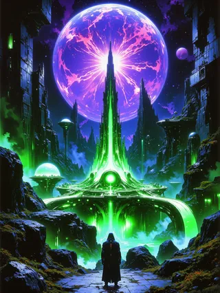 Hyper-realistic alien spaceport with towering green futuristic structures under a glowing purple galactic nebula, featuring an alien mercenary observing from rocky terrain.