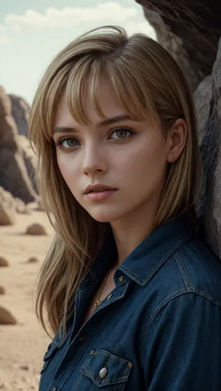 Photorealistic portrait of a woman with blonde hair and green eyes wearing a denim shirt, set against a desert background with rocky formations.