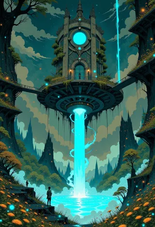 A celestial temple floating at twilight with glowing blue flora, sky bridges woven with ivy connecting towering crystal monoliths, and a radiant waterfall of liquid starlight.