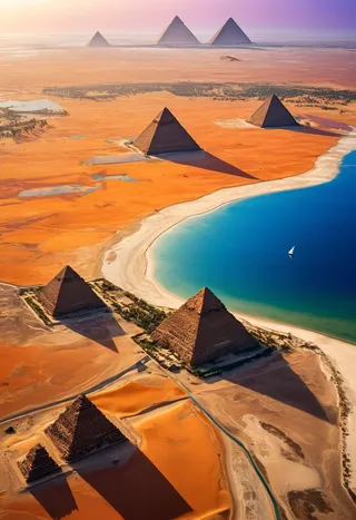 Aerial view of the Egyptian pyramids with a sapphire river and golden desert sands during golden hour, featuring shadows cast by pyramids and a vivid blue water body.