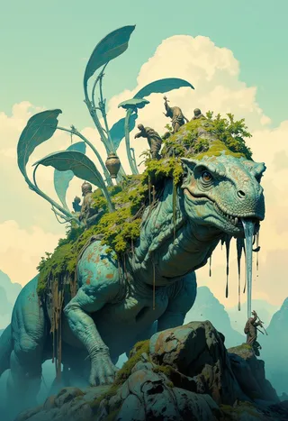 A detailed and ultra-realistic oil painting of a large blue-green sauropod dinosaur with a ritual garden growing atop its back, tended by tiny saurian monks amid sacred plants and moss, under a pastel sky with floating spores.
