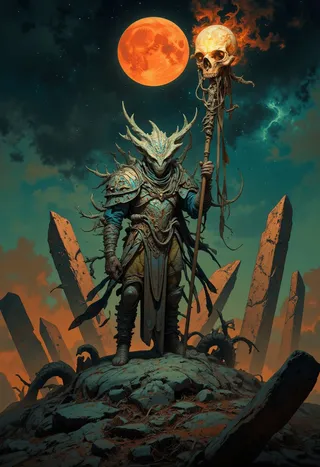 A dino-warlock clad in cracked stone armor with vines stands on rocky ground surrounded by shattered monoliths under a blood-red moon, holding a staff topped with a glowing amber skull.