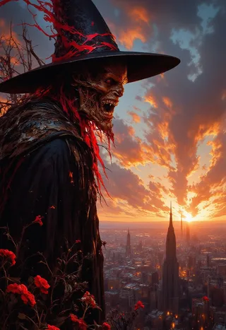 Grotesque witch smeller figure with a pointed hat and decayed skin, overlooking a sunset city skyline with dramatic orange and red clouds.