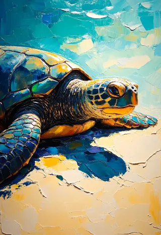 Close-up impasto painting of a sea turtle with detailed shell texture, resting on a golden sand beach with vibrant turquoise water and sunlight reflecting off the wet sand.