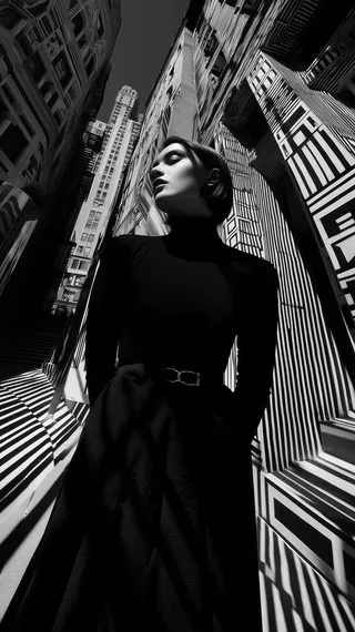 A black and white surreal fashion portrait of a young woman standing in an impossible urban corridor with mirrored glass and striped geometric patterns inspired by M.C. Escher architecture.