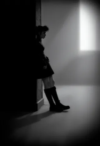 A punk woman leaning against a wall in a dark shadowy room with a misty gray background, depicted in a moody Limbo style silhouette.