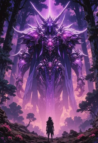 A colossal, ethereal being with shimmering purple scales and glowing eyes towering in an ancient forest under twilight skies, facing a lone traveler.