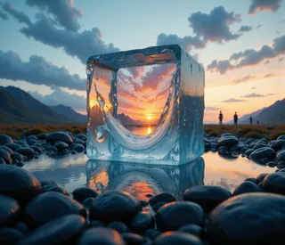 A large crystal-clear ice cube on a shallow pool of water reflecting a vibrant sunset, surrounded by smooth stones and distant silhouetted figures in a tranquil landscape.