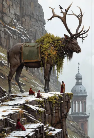 A large mechanical elk covered with vines stands on a snowy cliffside near an abandoned elf temple, with monks meditating nearby and birds on its antlers.