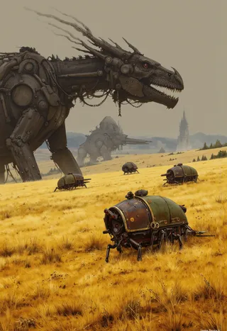 Mechanical clockwork dragon towering over golden meadows where dwarven farmers herd giant mechanized beetles equipped with seed-firing cannons, under a misty sky.