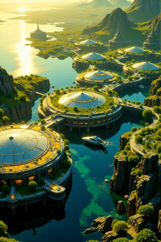 A futuristic oceanic complex comprised of interconnected circular platforms floating on calm sunlit waters, featuring sleek metallic designs, greenery, and domed observation centers with a hydroplane docked nearby.