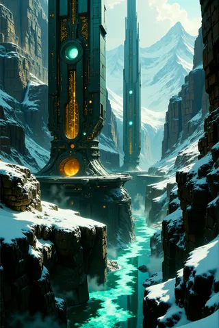 Towering futuristic cylindrical structures with glowing neural-like filigree, situated in a snowy glacial ravine above a bioluminescent river, under a snowy mountain backdrop.