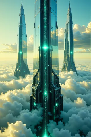 Three towering crystalline spires with radiant aquamarine and iridescent glass surfaces rise above dense cumulus clouds under a clear sky, illuminated by glowing cyan energy cores and golden sunlight.