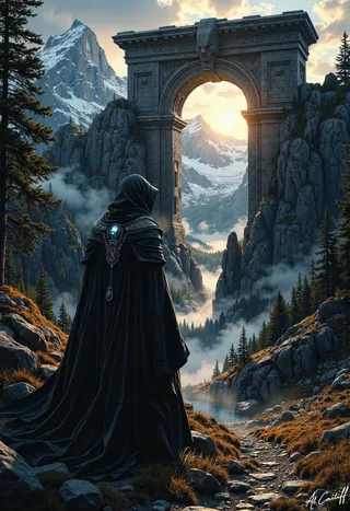 A hooded figure with a dark cloak stands before a massive stone archway at the edge of a misty forest, overlooking a snowy mountain range bathed in golden sunset light.
