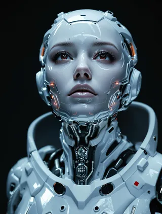 Close-up portrait of a cybernetic android female with white ceramic skin, detailed metallic armor, and glowing red seams, looking upward with a serene expression.
