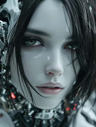 Close-up portrait of a cybernetic female android with white ceramic skin, glowing red seams, green eyes, and flowing black hair in a realistic cyberpunk style.