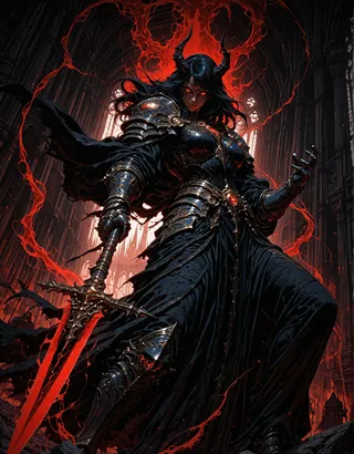 A dark fantasy female warrior in intricate black and gold horned armor wielding a glowing red spear, with glowing red eyes, surrounded by red supernatural energy in a gothic cathedral.