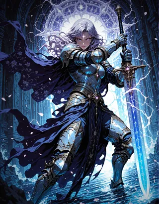 A powerful female knight with long silver hair, heterochromia purple eyes, clad in intricately patterned silver armor and a dark flowing cape, wielding a glowing enchanted sword amidst a mystical, moonlit temple background with lightning and floating petals.