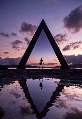 Colossal triangular architectural structure with silhouetted human figure standing on rocky shoreline, reflected perfectly in still water beneath twilight-colored sky.