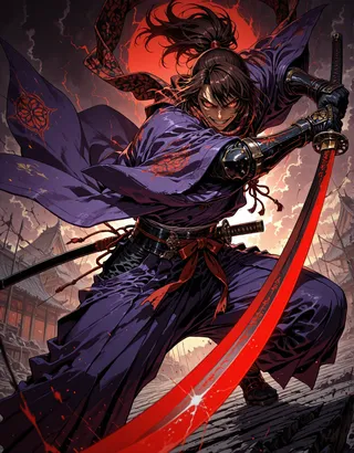 A fierce samurai with glowing red eyes and a slit pupil, dressed in a purple kimono, wielding a glowing red katana in a dynamic battle pose under a stormy sky.