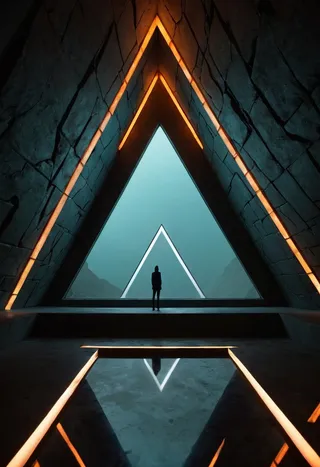 A solitary silhouetted figure stands in front of a massive triangular window inside a dark underground chamber with glowing geometric orange lights and reflective floor.