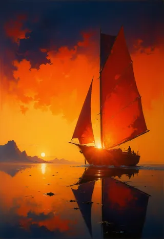 Silhouette of a lone sailor on a small sailboat with large red sails during a vibrant sunset, calm water reflecting the sky and sailboat.
