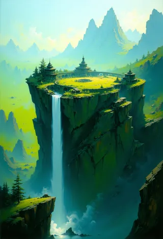 Digital fantasy landscape featuring a circular stone structure resembling a medieval castle atop a towering cliff with a cascading waterfall and misty atmosphere.