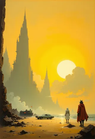 Surreal digital painting of a beach at sunset with two figures standing on a rocky shoreline, surrounded by futuristic towering spires and a large glowing sun.