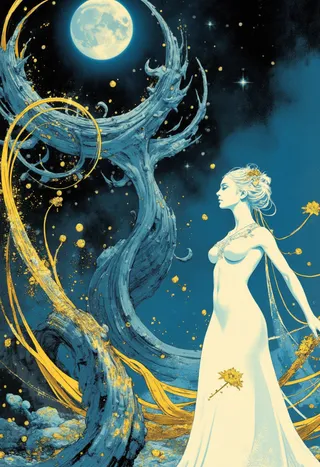 A graceful ethereal woman in a flowing white gown stands beside a surreal blue tree under a glowing full moon, with gold accents swirling around them in a mystical night sky.