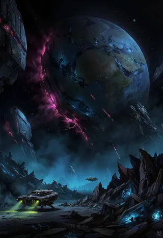 A digital painting of a rugged prospecting ship with green lights navigating a dark landscape of crystalline debris beneath a colossal shattered planet glowing with electric blue and magenta energy.