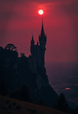 Tall, slender Dracula's castle with crimson roofs atop a rocky hill silhouetted against a red moon-lit night with atmospheric haze.