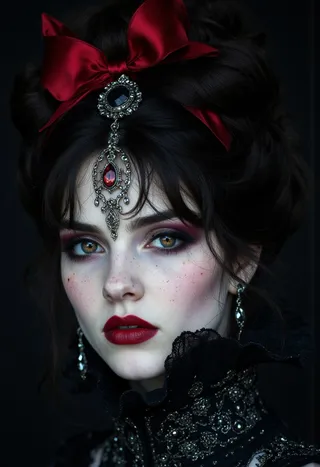 Hyperrealistic close-up portrait of a vampire countess with pale skin, crimson eyes, and black hair tied with a red velvet ribbon, wearing ornate Victorian jewelry and a lace collar.