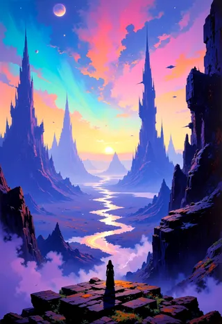 A surreal alien landscape featuring towering futuristic ruins and jagged mountains beneath a vibrant sky illuminated by twin suns and auroras, with a silhouetted figure in the foreground.