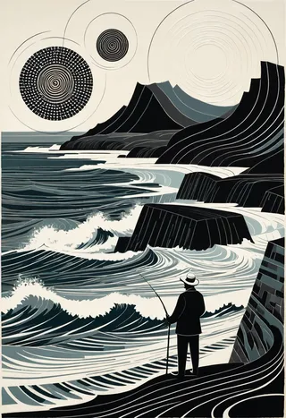 A stylized geometric seascape showing a fisherman standing on a rugged shore, holding a fishing rod, with swirling circle patterns and abstract waves in a monochrome, linocut print style.