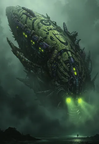 Colossal alien mothership with a biomechanical hull resembling fused chitin and corrupted flesh, glowing yellow-green bio-luminescent lights, drifting over a murky gas giant with a lone figure below.