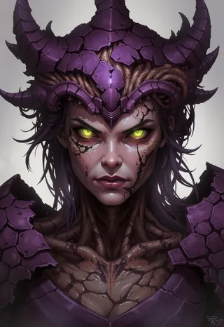 Digital portrait of a regal female Zerg-inspired character wearing purple chitinous carapace armor and a horned crown, with glowing yellow-green eyes and detailed organic features.