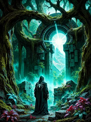 A dark-robed figure with an embroidered silver tarantula stands before a glowing keyhole-shaped stone portal amid an ancient, lush jungle with towering trees, glowing mushrooms, and colorful exotic plants, revealing snow-covered mountains visible through the portal.