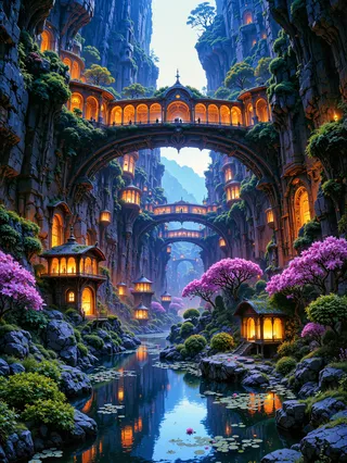 A fantasy canyon at twilight with luminous elven architecture, arched bridges, glowing pavilions, lush pink and green vegetation, and a reflective river filled with lily pads.