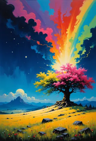 A radiant field featuring a colossal tree with yellow and pink leaves emitting vibrant rainbow-colored magic arcs into a colorful sky with expressive brushstrokes, under a moonlit mountain landscape.