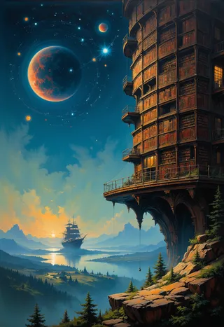 A towering, city-sized floating library with ancient wooden shelves filled with giant books, framed by a glowing celestial sky featuring planets and constellations, overlooking a serene lake with a sailing ship at sunset.
