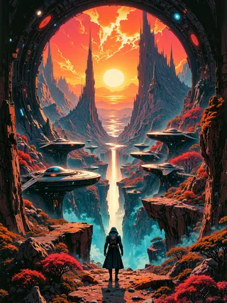 Hyper-realistic digital painting of an alien spaceport set within a spectacular canyon landscape at sunset, featuring futuristic landing platforms, bizarre alien flora, and a Sith figure overlooking the scene.