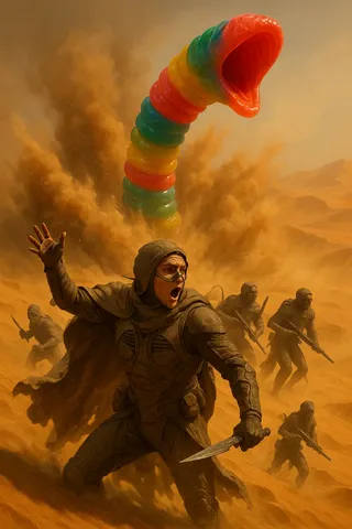 Fremen warriors in stillsuits confront a colossal, multicolored gummy worm bursting from the desert sands of Arrakis amid a powerful dust storm.