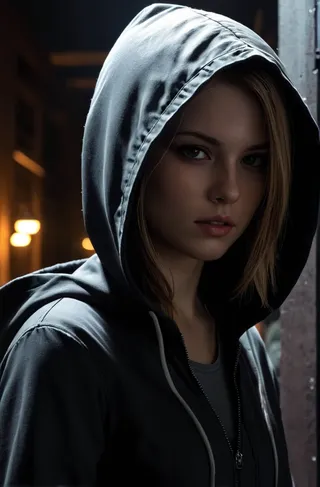 Portrait of a young female hacker wearing a hoodie, depicted with dark dramatic chiaroscuro lighting emphasizing high detail on her face.