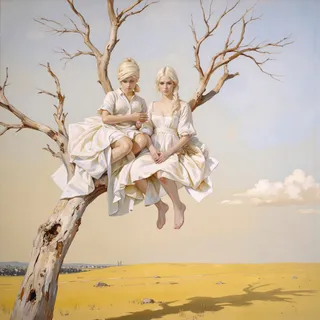 Light-toned painting of two mythic, frowning 1970s courtesans in white dresses sitting on branches of a bare dead tree in a yellow field under a calm sky.