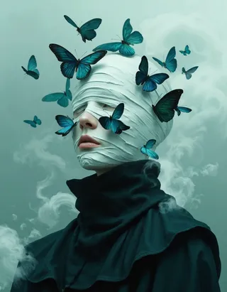 A surreal portrait of a figure with a fully bandaged face surrounded by fluttering deep blue butterflies and enveloped in dark fog, featuring a mystical and dreamlike atmosphere.